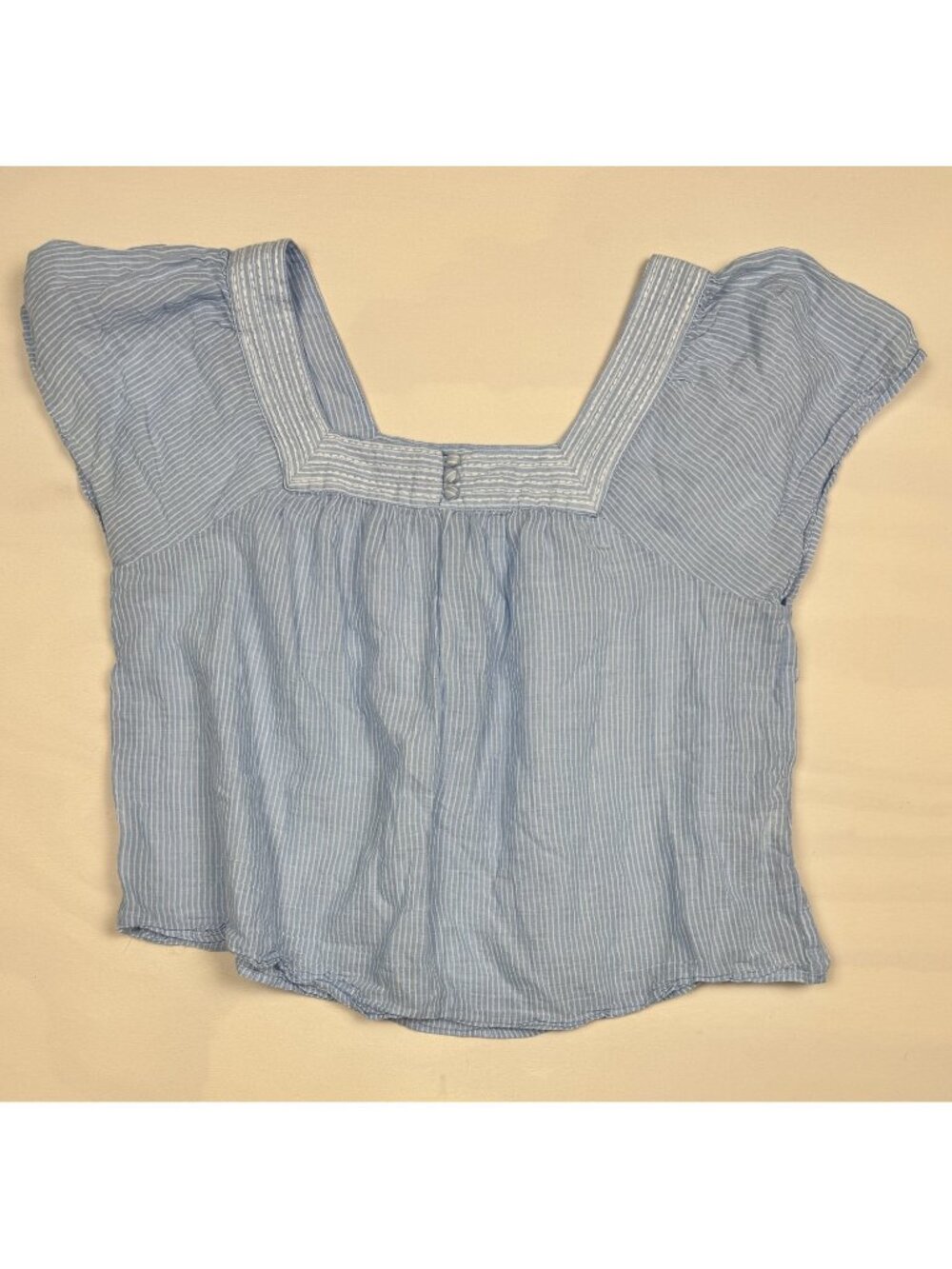 Lucky Brand Square Neck Flutter Sleeve Peasant Top Blue White Pinstripe Size L